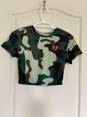 Women's Green Camo Crop Top with Orange Logo Accent